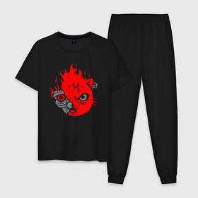 Мужская пижама хлопок с принтом CYBERPUNK 2077 КОТ КИАНУ РИВЗ , 100% хлопок | брюки и футболка прямого кроя, без карманов, на брюках мягкая резинка на поясе и по низу штанин
 | cd project red | cyberpunk 2077 | demon | keanu reeves | maelstrom | militech | quadra | samurai | smile | trauma | trauma team | демон | киану ривз | киберпанк 2077 | милитех | самурай | смайл