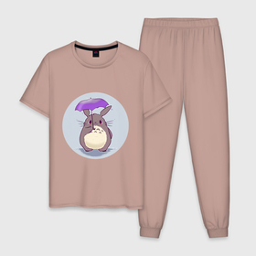 Мужская пижама хлопок с принтом Тоторо с фиолетовым зонтом , 100% хлопок | брюки и футболка прямого кроя, без карманов, на брюках мягкая резинка на поясе и по низу штанин
 | анимация | аниме | животное | зверь | мифическое существо | мультик | тоторо | хомяк