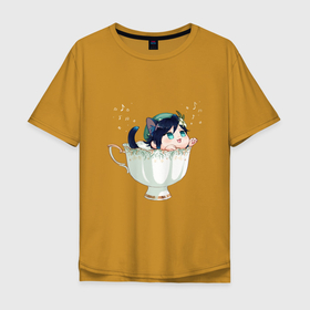 Мужская футболка хлопок Oversize с принтом Котик Венти в Белгороде, 100% хлопок | свободный крой, круглый ворот, “спинка” длиннее передней части | арт | барбатос | венти | кружка | кружка чая | милый парень | неко | рисунок | чашка