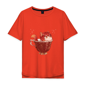 Мужская футболка хлопок Oversize с принтом Котик Дилюк в Белгороде, 100% хлопок | свободный крой, круглый ворот, “спинка” длиннее передней части | арт | дилюк | кружка | кружка чая | милый парень | неко | рисунок | чашка