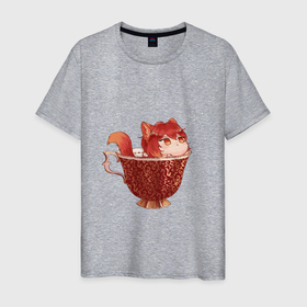 Мужская футболка хлопок с принтом Котик Дилюк в Белгороде, 100% хлопок | прямой крой, круглый вырез горловины, длина до линии бедер, слегка спущенное плечо. | арт | дилюк | кружка | кружка чая | милый парень | неко | рисунок | чашка