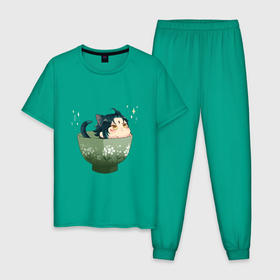 Мужская пижама хлопок с принтом Котик Сяо в Тюмени, 100% хлопок | брюки и футболка прямого кроя, без карманов, на брюках мягкая резинка на поясе и по низу штанин
 | арт | кружка | кружка чая | милый парень | неко | рисунок | сяо | чашка