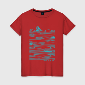 Женская футболка хлопок с принтом Море и акулы в Курске, 100% хлопок | прямой крой, круглый вырез горловины, длина до линии бедер, слегка спущенное плечо | акулы | вода | лодка | море | океан | отдых | парус | парусник | рыбы