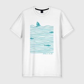 Мужская футболка хлопок Slim с принтом Море и акулы , 92% хлопок, 8% лайкра | приталенный силуэт, круглый вырез ворота, длина до линии бедра, короткий рукав | Тематика изображения на принте: акулы | вода | лодка | море | океан | отдых | парус | парусник | рыбы