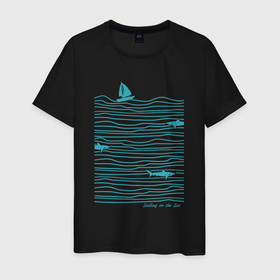 Мужская футболка хлопок с принтом Море и акулы в Курске, 100% хлопок | прямой крой, круглый вырез горловины, длина до линии бедер, слегка спущенное плечо. | акулы | вода | лодка | море | океан | отдых | парус | парусник | рыбы