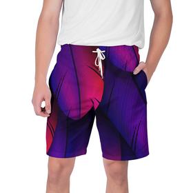 Мужские шорты 3D с принтом Фиолетовые Перья в Новосибирске,  полиэстер 100% | прямой крой, два кармана без застежек по бокам. Мягкая трикотажная резинка на поясе, внутри которой широкие завязки. Длина чуть выше колен | минимализм | перья | перья павлина | рисунок | фиолетовые перья