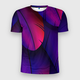 Мужская футболка 3D Slim с принтом Фиол Перья в Новосибирске, 100% полиэстер с улучшенными характеристиками | приталенный силуэт, круглая горловина, широкие плечи, сужается к линии бедра | минимализм | перья | перья павлина | рисунок | фиолетовые перья
