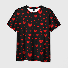 Мужская футболка 3D с принтом Красные сердца в Петрозаводске, 100% полиэфир | прямой крой, круглый вырез горловины, длина до линии бедер | heart | love | red | red hearts. | градиент | день святого валентина | красные сердечки | красный | любовь | много сердечек | перламутр | сердце