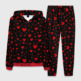 Мужской костюм 3D с принтом Красные сердца в Курске, 100% полиэстер | Манжеты и пояс оформлены тканевой резинкой, двухслойный капюшон со шнурком для регулировки, карманы спереди | heart | love | red | red hearts. | градиент | день святого валентина | красные сердечки | красный | любовь | много сердечек | перламутр | сердце