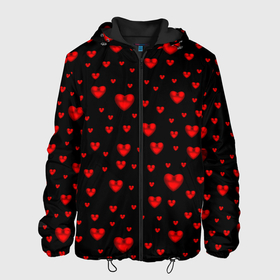 Мужская куртка 3D с принтом Красные сердца в Курске, ткань верха — 100% полиэстер, подклад — флис | прямой крой, подол и капюшон оформлены резинкой с фиксаторами, два кармана без застежек по бокам, один большой потайной карман на груди. Карман на груди застегивается на липучку | Тематика изображения на принте: heart | love | red | red hearts. | градиент | день святого валентина | красные сердечки | красный | любовь | много сердечек | перламутр | сердце