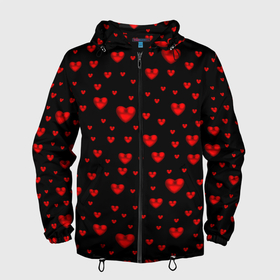 Мужская ветровка 3D с принтом Красные сердца в Курске, 100% полиэстер | подол и капюшон оформлены резинкой с фиксаторами, два кармана без застежек по бокам, один потайной карман на груди | heart | love | red | red hearts. | градиент | день святого валентина | красные сердечки | красный | любовь | много сердечек | перламутр | сердце