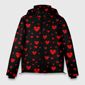 Мужская зимняя куртка 3D с принтом Красные сердца в Курске, верх — 100% полиэстер; подкладка — 100% полиэстер; утеплитель — 100% полиэстер | длина ниже бедра, свободный силуэт Оверсайз. Есть воротник-стойка, отстегивающийся капюшон и ветрозащитная планка. 

Боковые карманы с листочкой на кнопках и внутренний карман на молнии. | Тематика изображения на принте: heart | love | red | red hearts. | градиент | день святого валентина | красные сердечки | красный | любовь | много сердечек | перламутр | сердце