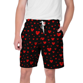 Мужские шорты 3D с принтом Красные сердца в Тюмени,  полиэстер 100% | прямой крой, два кармана без застежек по бокам. Мягкая трикотажная резинка на поясе, внутри которой широкие завязки. Длина чуть выше колен | heart | love | red | red hearts. | градиент | день святого валентина | красные сердечки | красный | любовь | много сердечек | перламутр | сердце