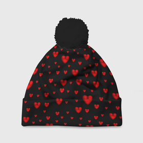 Шапка 3D c помпоном с принтом Красные сердца в Белгороде, 100% полиэстер | универсальный размер, печать по всей поверхности изделия | heart | love | red | red hearts. | градиент | день святого валентина | красные сердечки | красный | любовь | много сердечек | перламутр | сердце