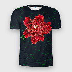 Мужская футболка 3D Slim с принтом Пион в Новосибирске, 100% полиэстер с улучшенными характеристиками | приталенный силуэт, круглая горловина, широкие плечи, сужается к линии бедра | красный цветок | лето | пион | цветы