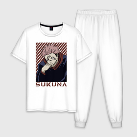 Мужская пижама хлопок с принтом Сукуна в Курске, 100% хлопок | брюки и футболка прямого кроя, без карманов, на брюках мягкая резинка на поясе и по низу штанин
 | gojo | jujutsu | jutsu kaisen | satoru | sukuna | yuji itadori | битва | годжо | демон | итадори | магическая | рёмен | сакуна | сатору | сукуна | сукуно | юдзи