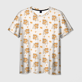 Мужская футболка 3D с принтом Крутая Шиба Ину в Санкт-Петербурге, 100% полиэфир | прямой крой, круглый вырез горловины, длина до линии бедер | ину | конфета | лапа | леденец | отпечаток | сладости | собаки | торт | тортик | хатико | шиба | японская