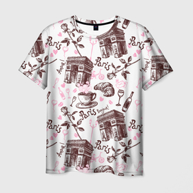 Мужская футболка 3D с принтом Париж   Paris , 100% полиэфир | прямой крой, круглый вырез горловины, длина до линии бедер | arc de triomphe | croissants | flowers | love | paris | wine | вино | круассаны | любовь | париж | триумфальная арка | цветы