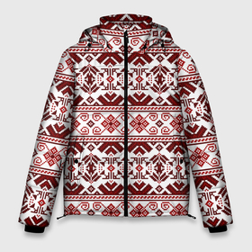 Мужская зимняя куртка 3D с принтом Русские народные узоры в Екатеринбурге, верх — 100% полиэстер; подкладка — 100% полиэстер; утеплитель — 100% полиэстер | длина ниже бедра, свободный силуэт Оверсайз. Есть воротник-стойка, отстегивающийся капюшон и ветрозащитная планка. 

Боковые карманы с листочкой на кнопках и внутренний карман на молнии. | Тематика изображения на принте: deer | folk patterns | patterns | russian patterns | slavic clothing | slavic style | народные узоры | олень | русские узоры | славянская одежда | славянский стиль | узоры