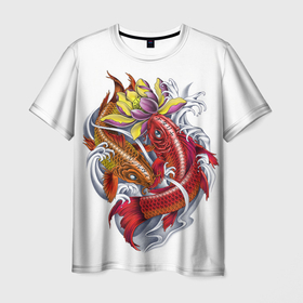 Мужская футболка 3D с принтом Японские Карпы (Иероглифы) в Курске, 100% полиэфир | прямой крой, круглый вырез горловины, длина до линии бедер | Тематика изображения на принте: fish | japan | koi | животные | иероглифы | карпы | кои | рыбы | япония