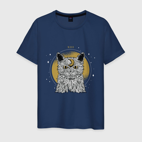 Мужская футболка хлопок с принтом Лунный котик в Новосибирске, 100% хлопок | прямой крой, круглый вырез горловины, длина до линии бедер, слегка спущенное плечо. | astro | cat | esoteric | kitten | kitty | moon cat | stars | taro | tarot | астро | астрология | гадалка | гадание | звезды | каббала | карта таро | карта таро с котом | кот | кот с луной | котенок | кошка | луна | нумерология