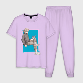 Мужская пижама хлопок с принтом Современный Альбедо в Петрозаводске, 100% хлопок | брюки и футболка прямого кроя, без карманов, на брюках мягкая резинка на поясе и по низу штанин
 | Тематика изображения на принте: альбедо | арт | блондин | милый парень | рисунок