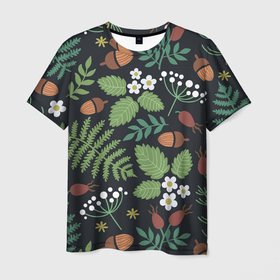 Мужская футболка 3D с принтом Природа в Курске, 100% полиэфир | прямой крой, круглый вырез горловины, длина до линии бедер | желуди | папоротник | природа | растения | цветы
