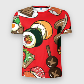 Мужская футболка 3D спортивная с принтом Еда в Белгороде, 100% полиэстер с улучшенными характеристиками | приталенный силуэт, круглая горловина, широкие плечи, сужается к линии бедра | Тематика изображения на принте: еда | роллы | суши | шашлык | яичница