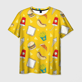 Мужская футболка 3D с принтом Фастфуд , 100% полиэфир | прямой крой, круглый вырез горловины, длина до линии бедер | бургеры | бутерброд | вредная еда | еда | мороженое | пицца | сок | фастфуд | хотдог