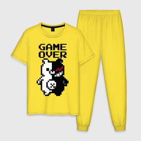Мужская пижама хлопок с принтом MONOKUMA GAME OVER в Белгороде, 100% хлопок | брюки и футболка прямого кроя, без карманов, на брюках мягкая резинка на поясе и по низу штанин
 | Тематика изображения на принте: anime | danganronpa | enoshima | game over | junko | monokuma | аниме | джунко | игра | манга | медведь | монокума | робот медведь | эношима