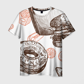 Мужская футболка 3D с принтом Вкусности в Санкт-Петербурге, 100% полиэфир | прямой крой, круглый вырез горловины, длина до линии бедер | бургер | вкусности | еда | пончик | попкорн | фастфуд | хот дог