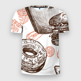 Мужская футболка 3D спортивная с принтом Вкусности в Санкт-Петербурге, 100% полиэстер с улучшенными характеристиками | приталенный силуэт, круглая горловина, широкие плечи, сужается к линии бедра | Тематика изображения на принте: бургер | вкусности | еда | пончик | попкорн | фастфуд | хот дог