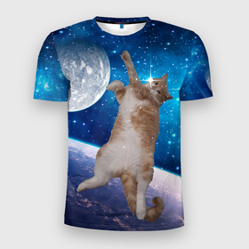 Мужская футболка 3D спортивная с принтом Кисулькин в космосе в Екатеринбурге, 100% полиэстер с улучшенными характеристиками | приталенный силуэт, круглая горловина, широкие плечи, сужается к линии бедра | Тематика изображения на принте: астроном пушистый | барсик | звезды | космос | котики | коты