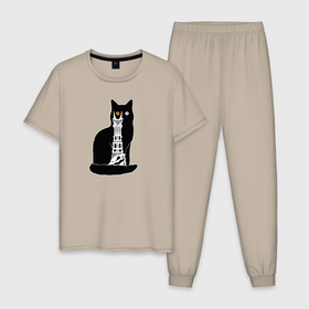 Мужская пижама хлопок с принтом КотоМордор , 100% хлопок | брюки и футболка прямого кроя, без карманов, на брюках мягкая резинка на поясе и по низу штанин
 | Тематика изображения на принте: cat | башня | властелин колец | киса | кот | котенок | котэ | кошка | мордор | фильм | черный