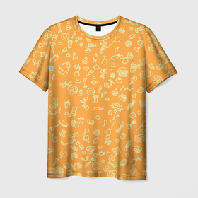 Мужская футболка 3D с принтом оранжевая еда в Кировске, 100% полиэфир | прямой крой, круглый вырез горловины, длина до линии бедер | еда | кофе | овощи | пончики | фрукты | чай