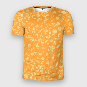 Мужская футболка 3D спортивная с принтом оранжевая еда в Белгороде, 100% полиэстер с улучшенными характеристиками | приталенный силуэт, круглая горловина, широкие плечи, сужается к линии бедра | еда | кофе | овощи | пончики | фрукты | чай