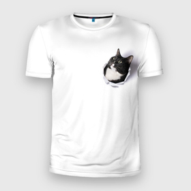 Мужская футболка 3D Slim с принтом КОТ В СЕРДЦЕ в Тюмени, 100% полиэстер с улучшенными характеристиками | приталенный силуэт, круглая горловина, широкие плечи, сужается к линии бедра | вылезает | кот | котенок | кошка | наружу | разрыв | рвет | ткань