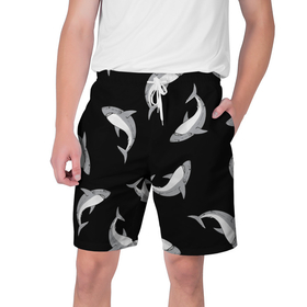 Мужские шорты 3D с принтом Акулы в Екатеринбурге,  полиэстер 100% | прямой крой, два кармана без застежек по бокам. Мягкая трикотажная резинка на поясе, внутри которой широкие завязки. Длина чуть выше колен | shark | акула | дикий | животные | рыба | хищник