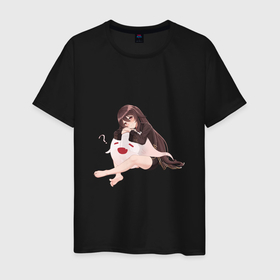 Мужская футболка хлопок с принтом Отдыхающая Ху Тао в Тюмени, 100% хлопок | прямой крой, круглый вырез горловины, длина до линии бедер, слегка спущенное плечо. | арт | милая девушка | отдых | привидение | призрак | рисунок | ху тао