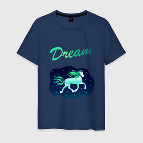 Мужская футболка хлопок с принтом Dream в Белгороде, 100% хлопок | прямой крой, круглый вырез горловины, длина до линии бедер, слегка спущенное плечо. | грива | звезды | лошадь | мечта | небо | пони | сказка | сон
