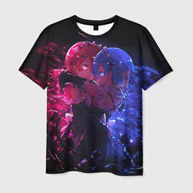 Мужская футболка 3D с принтом Рам и Рем в Курске, 100% полиэфир | прямой крой, круглый вырез горловины, длина до линии бедер | аниме | девушки | перелив цветов | резеро | тян