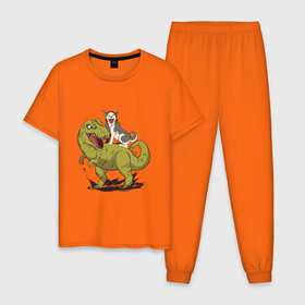 Мужская пижама хлопок с принтом Хаски верхом на Динозавре в Белгороде, 100% хлопок | брюки и футболка прямого кроя, без карманов, на брюках мягкая резинка на поясе и по низу штанин
 | Тематика изображения на принте: dinosaur | dog | funny | husky | oil | rex | t rex | большой динозавр | в луже | динозавры приколы | лужа | маламут | нефть | огромный динозавр | порода | прикол | рекс | сибирский хаски | смешной хаски | собака