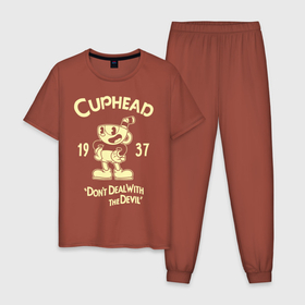 Мужская пижама хлопок с принтом CUPHEAD в Курске, 100% хлопок | брюки и футболка прямого кроя, без карманов, на брюках мягкая резинка на поясе и по низу штанин
 | cuphead | dont deal with the devil | игры | капхед | чашеголовый
