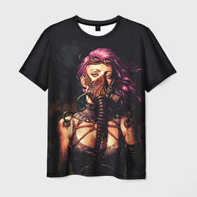 Мужская футболка 3D с принтом Steampunk girl | Стимпанк в Новосибирске, 100% полиэфир | прямой крой, круглый вырез горловины, длина до линии бедер | gas mask | respirator | steampunk | девушка | противогаз | распиратор | розовые волосы | стимпанк