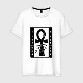 Мужская футболка хлопок с принтом Египетский Анх I See You в Белгороде, 100% хлопок | прямой крой, круглый вырез горловины, длина до линии бедер, слегка спущенное плечо. | ahkh | crack | cracks | dark | egypt | eye | goth | gothic | hieroglyph | key | third | vintage | бог солнца | винтаж | готика | готы | древний бог | иероглиф | ключ жизни | ра | символ | старинный символ | субкультура | третий глаз | трещин