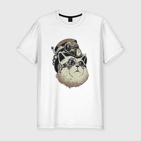 Мужская футболка хлопок Slim с принтом Steampunk кот в Екатеринбурге, 92% хлопок, 8% лайкра | приталенный силуэт, круглый вырез ворота, длина до линии бедра, короткий рукав | animal | cat | mechanical | steampunk | top hat | животное | кот | кошка | механическое | очки | стимпанк | цилиндр