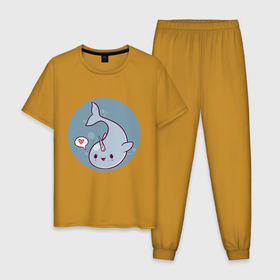 Мужская пижама хлопок с принтом Кавайный нарвал в Новосибирске, 100% хлопок | брюки и футболка прямого кроя, без карманов, на брюках мягкая резинка на поясе и по низу штанин
 | animals | narwhal | животное | зверь | кавайный нарвал | нарвал | подводный мир | рыба
