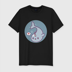 Мужская футболка хлопок Slim с принтом Кавайный нарвал в Новосибирске, 92% хлопок, 8% лайкра | приталенный силуэт, круглый вырез ворота, длина до линии бедра, короткий рукав | animals | narwhal | животное | зверь | кавайный нарвал | нарвал | подводный мир | рыба