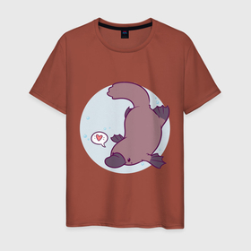 Мужская футболка хлопок с принтом Утконос в Тюмени, 100% хлопок | прямой крой, круглый вырез горловины, длина до линии бедер, слегка спущенное плечо. | animals | животное | зверь | пузырьки | сердечко | утконос