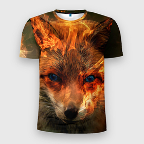 Мужская футболка 3D Slim с принтом Огненная лиса , 100% полиэстер с улучшенными характеристиками | приталенный силуэт, круглая горловина, широкие плечи, сужается к линии бедра | Тематика изображения на принте: fox | foxy | животное | звери | лиса | лисенок | лисичка | милая | рыжая | фокс